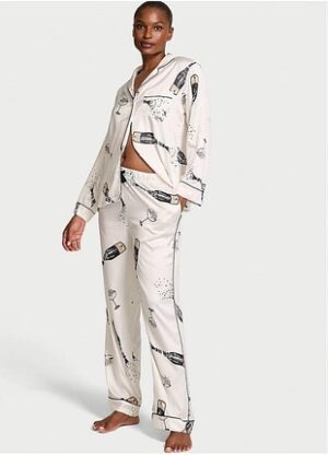 Victoria's Secret Glazed Satin Long Pajama Set White Champagne & Glasses new піжама з шампанським